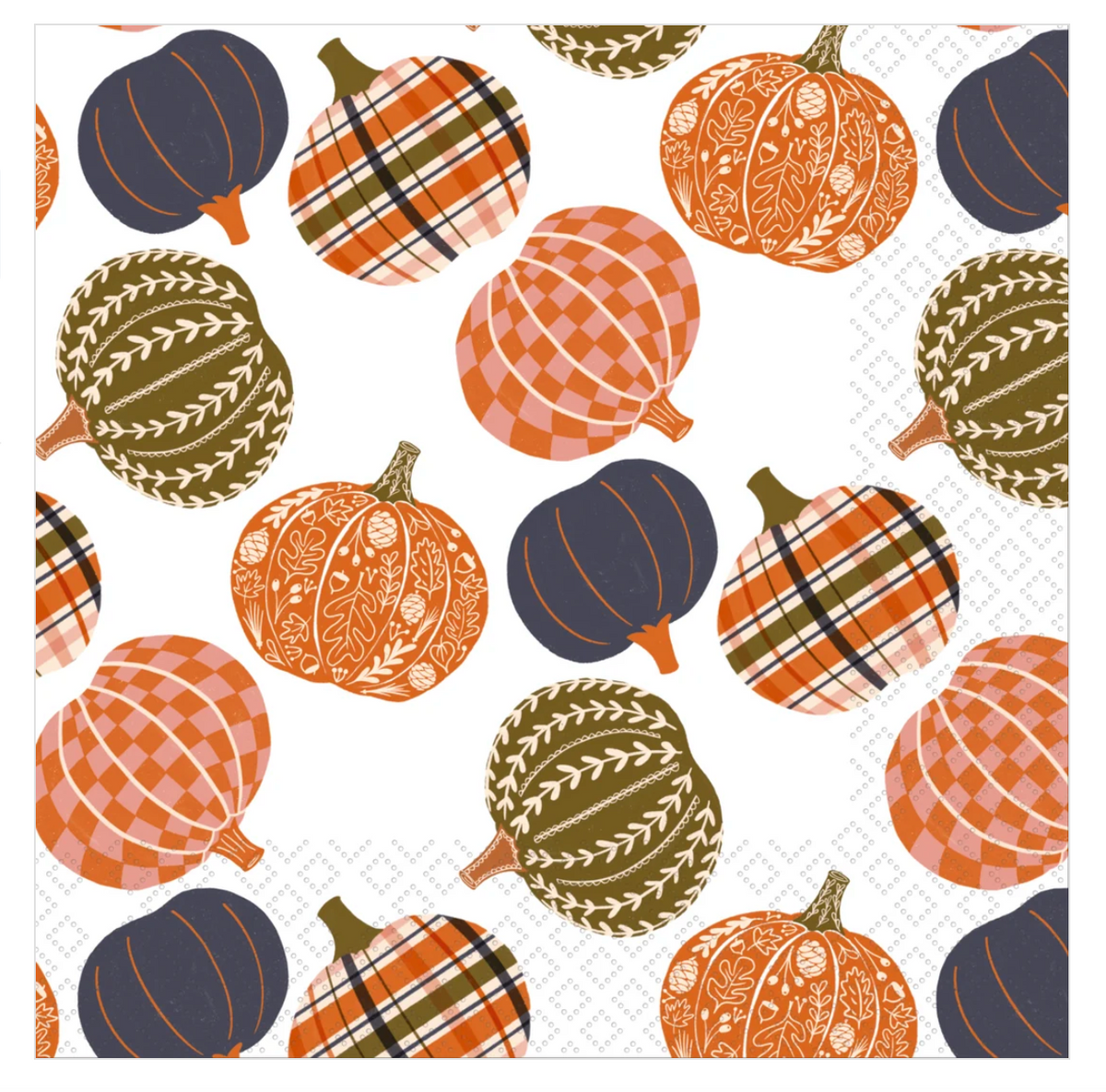 Harvest Hue Lunch Napkin with plaid, gingham, and leafy pumpkins